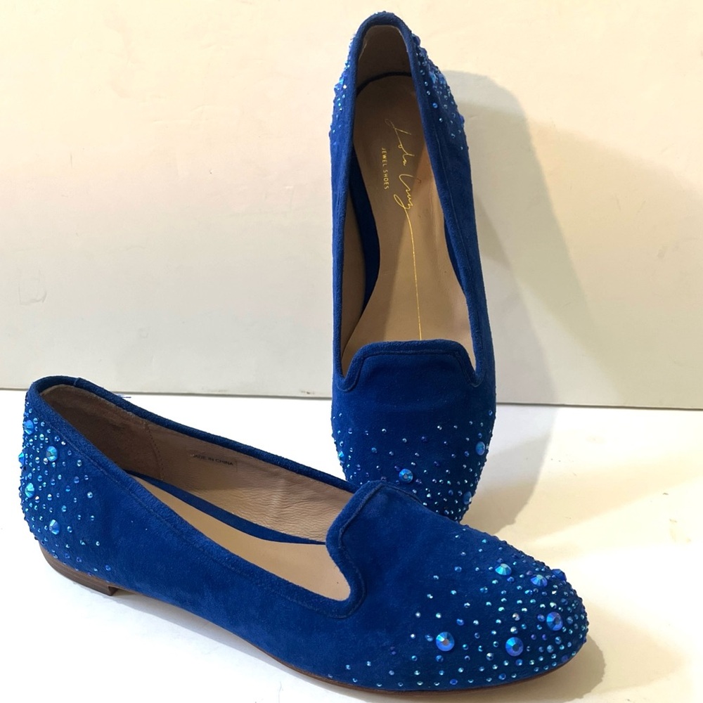 LOLA CRUZ Jewel Shoes Ballet Flats All Leather Blue Embellished Loafers 38
